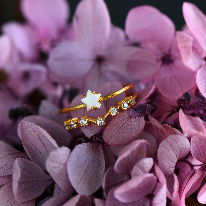 Minimalist Opal Star Adjustable Ring, , Star Trio Birthstone Ring