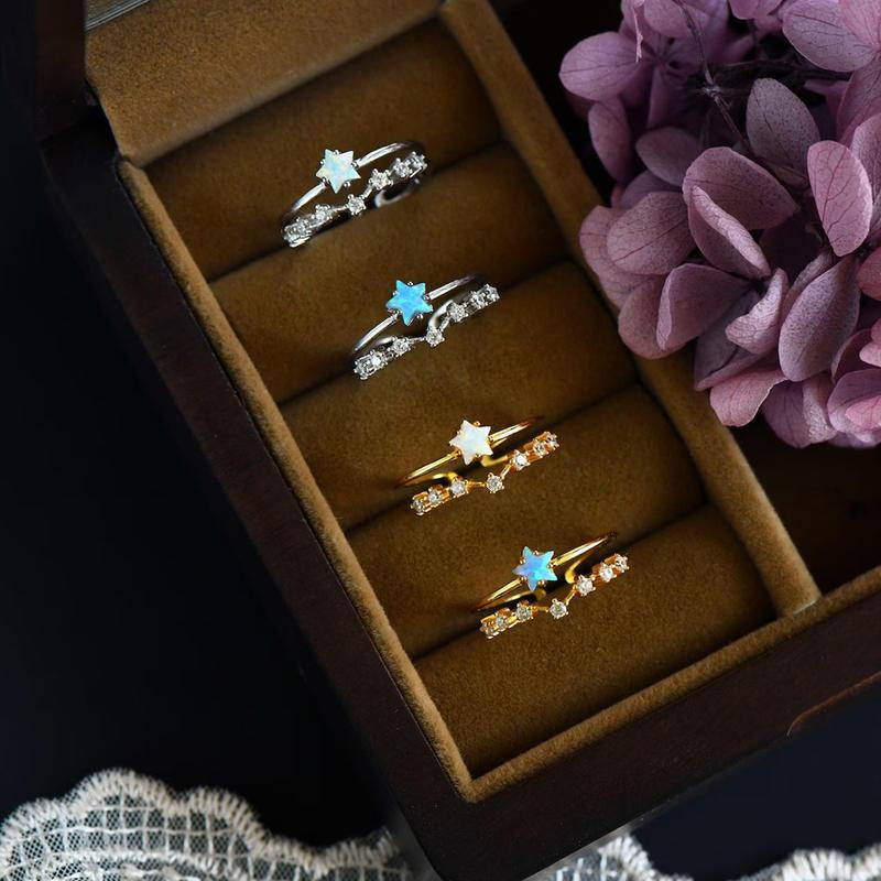 Minimalist Opal Star Adjustable Ring, , Star Trio Birthstone Ring