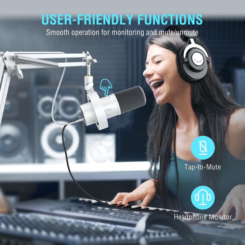 Fifine K688CT Dynamic Microphone with Boom Arm, Studio Vocal XLR Microphone, Podcast USB Mic Kit for PC with Mute Button, Volume Knob, Headphone Jack, for Streaming Recording Gaming